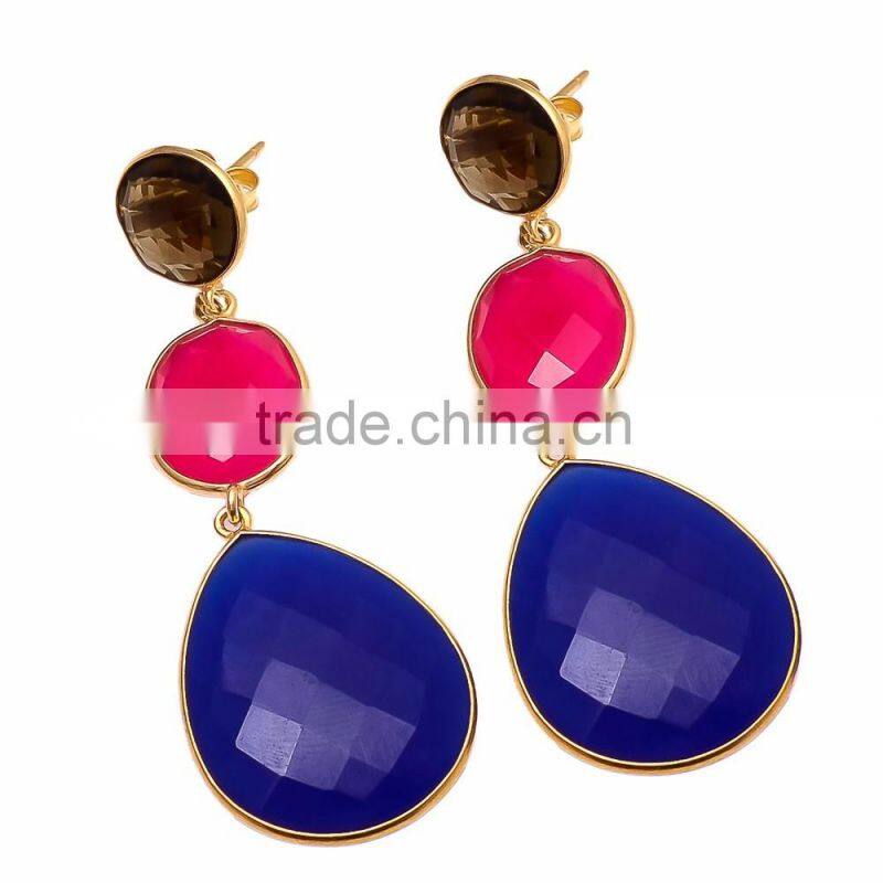 Blue/Fuchsia chalcedony/Smoky Quartz Gemstone Earrings