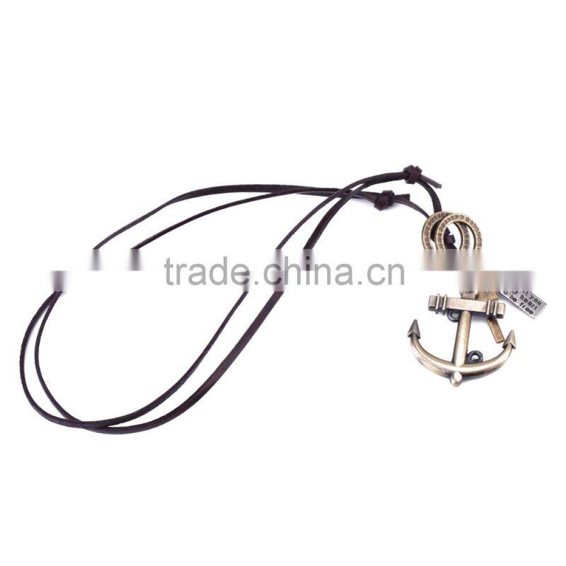 Genuine Leather Necklace with Antique Brass Anchor Pendant.