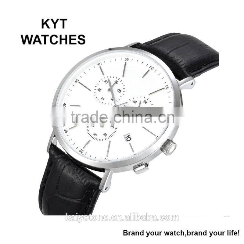 2016 KYT custom logo leather 316L stainless steel men chronograph watch