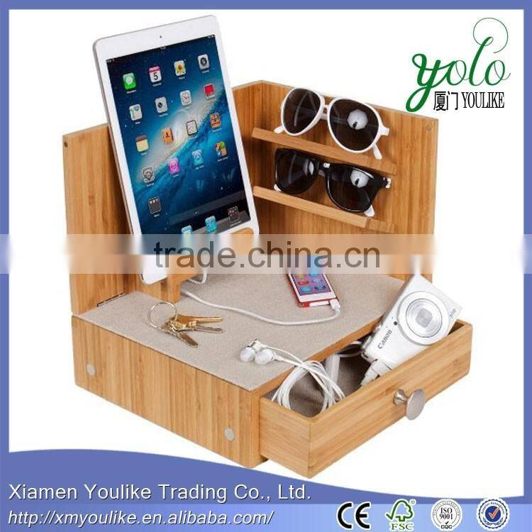 Corner Multi-Device Bamboo Charging and Sunglass Station with Drawer