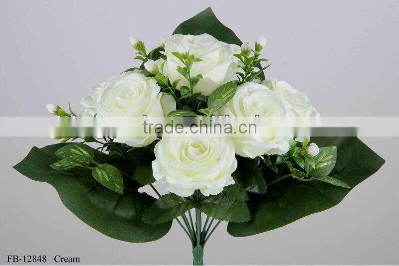 32cm Artificial Satin Rose Bush x13 With 3 Large Leaves