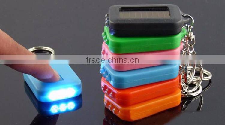 New Fashion Mixed Color Solar Portable LED Light Keychain / Mini Flashlight Key Ring Survial Gadget 3 LED
