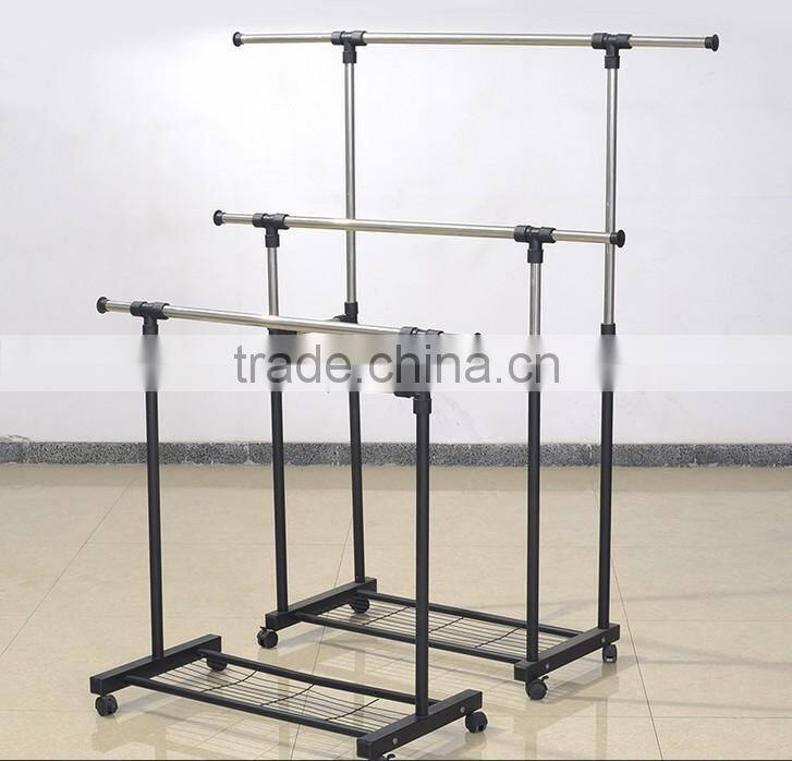 Double Adjustable Telescopic Rolling Clothing Rack With Shoes Storage shelf