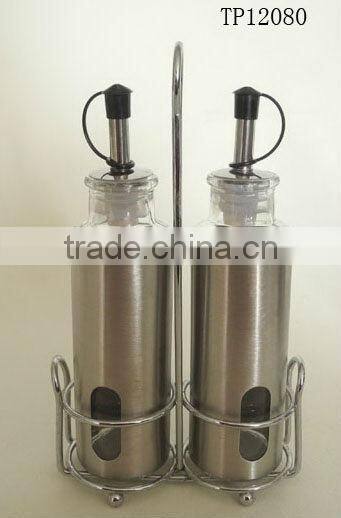 metal coating cylinder glass oil bottle set with frame