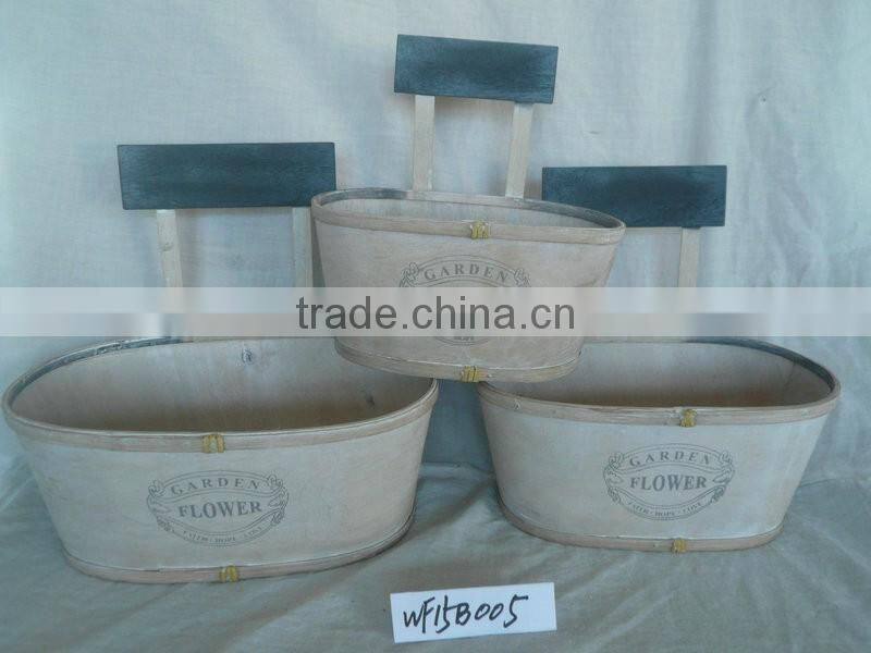 triangle wood flower pots decorated with blue wooden sign