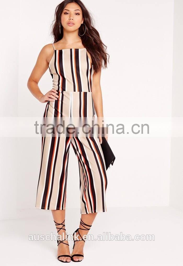 2016 Fashion Ladies Camel Crepe Striped Nice Jumpsuit