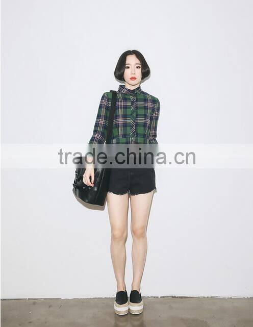 2015 customized short style green and navy plaid shirt for women