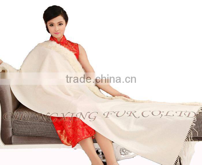CX-B-P-41F New Product Noble Cape Brand Name Shawl Hand Made Wholesale Cashmere And Rabbit Fur Trim Cape