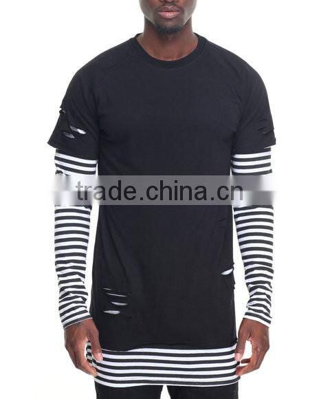 Crew neck tees sleeve color block Stripe Layer men's longline t shirt