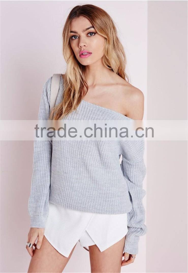 Custom Design Women Oversized Knitwear Plain Longline Sweater For Winter Off Shoulder Knitted Jumper Grey