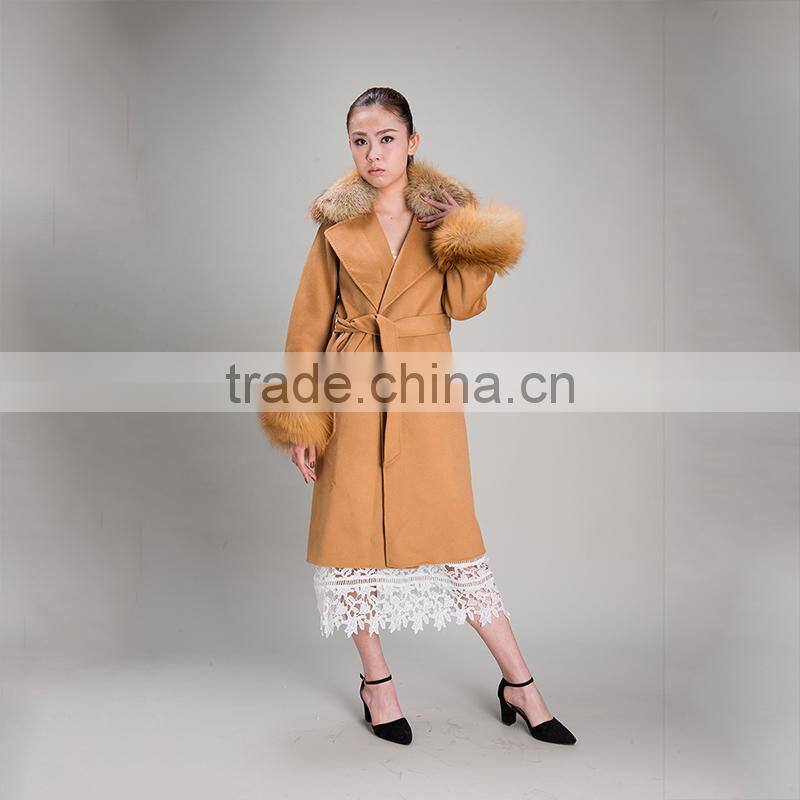 Myfur Factory Wholesale Wool Coat with Detachable Red Fox Fur Collar and Fox Fur cuff Wool Fur Jacket