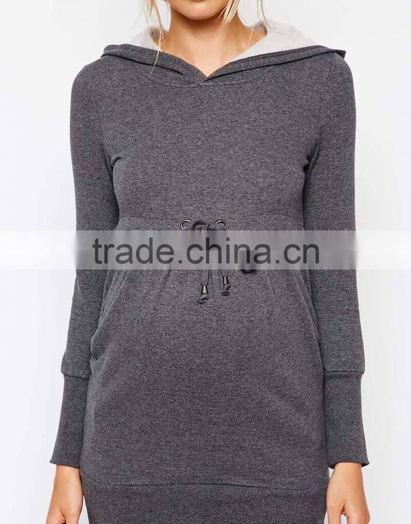Relaxed fit longline cut hooded sweatshirt for all stages of pregnancy
