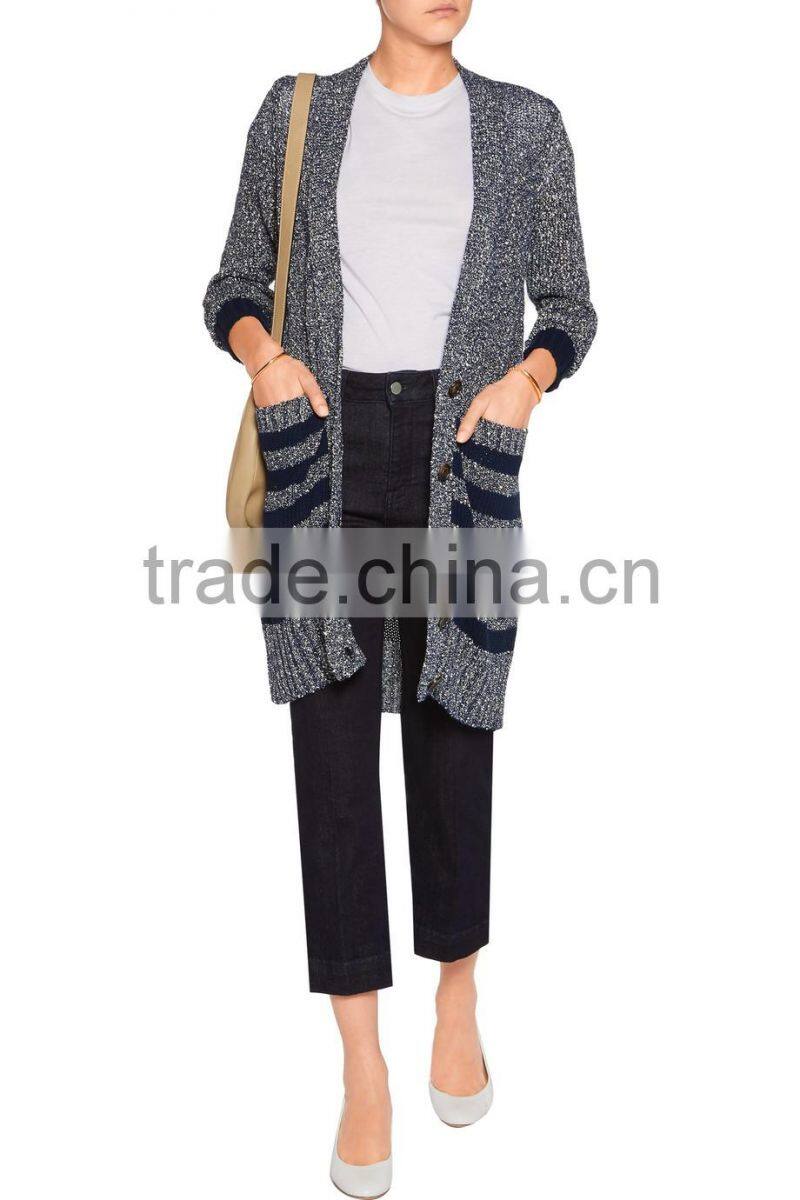 Newly Arrival Thick Black Strips Pattern Cardigan Knitwear for Women with Button Fastening and Two Waist Pockets