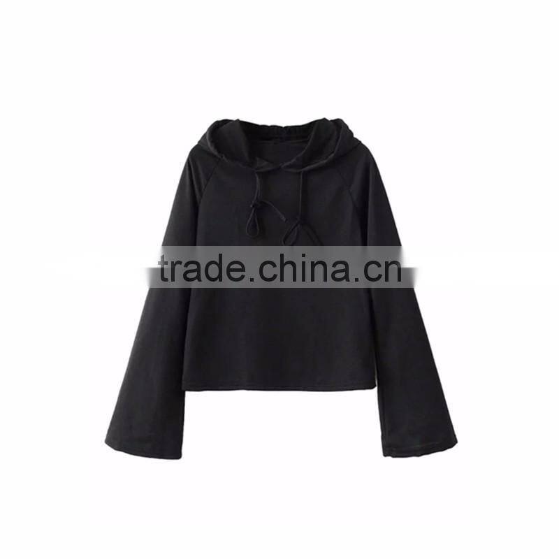Regular Fit Black Flare Sleeve Cropped Drawstring Hoodie for Women
