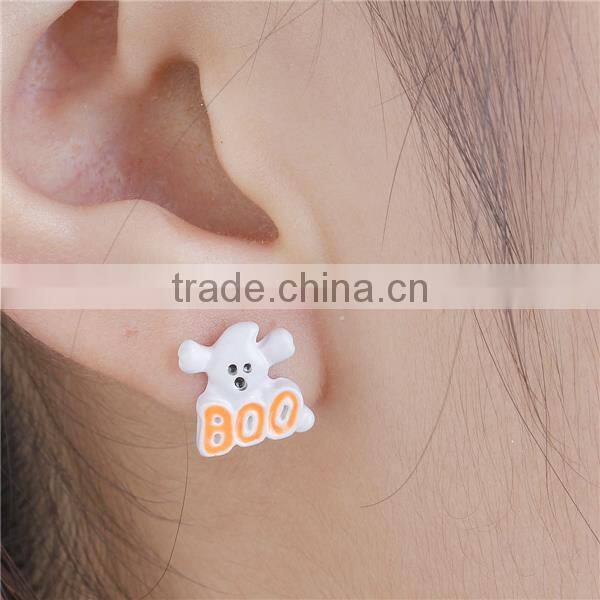 Ear Studs Earrings White & Orange Halloween Ghost Message Boo " Carved x 11mm