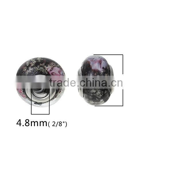 Lampwork Glass European Style Large Hole Beads Round Pattern Multicolor With 304 Stainless Steel Silver Tone Core