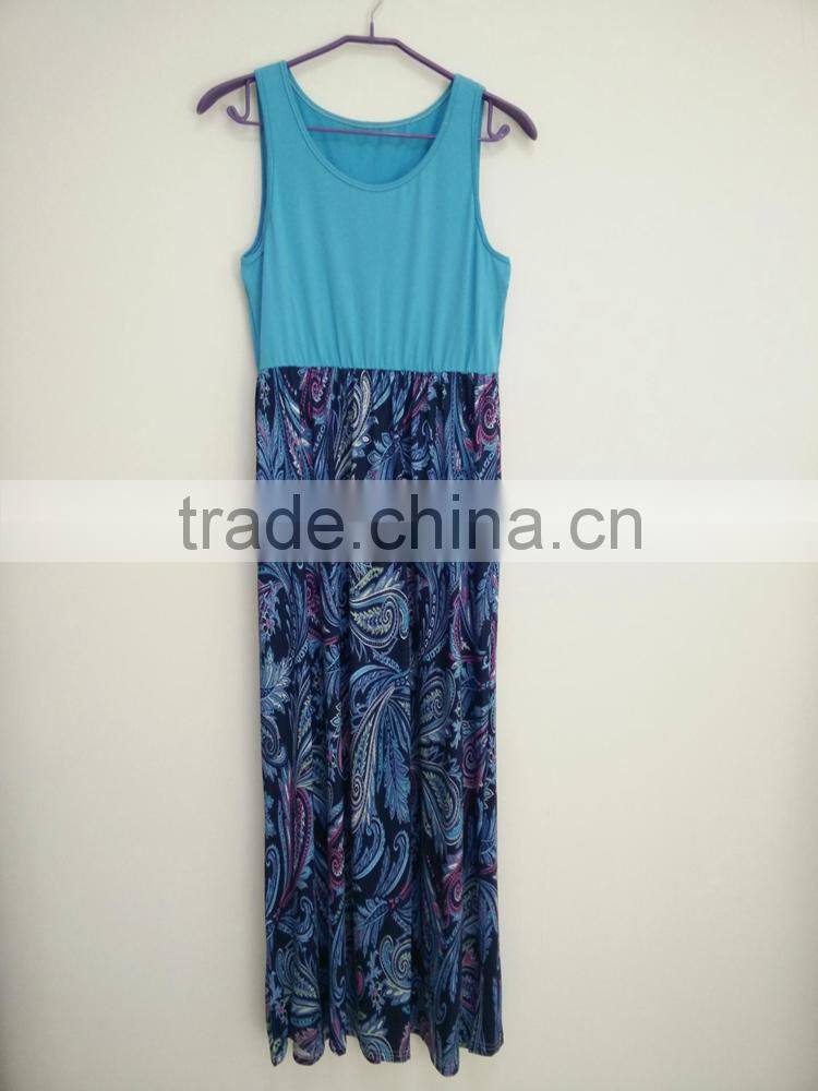 Mom and daughter summer bohemia long dress seelveless blue printing mommy and me outfits