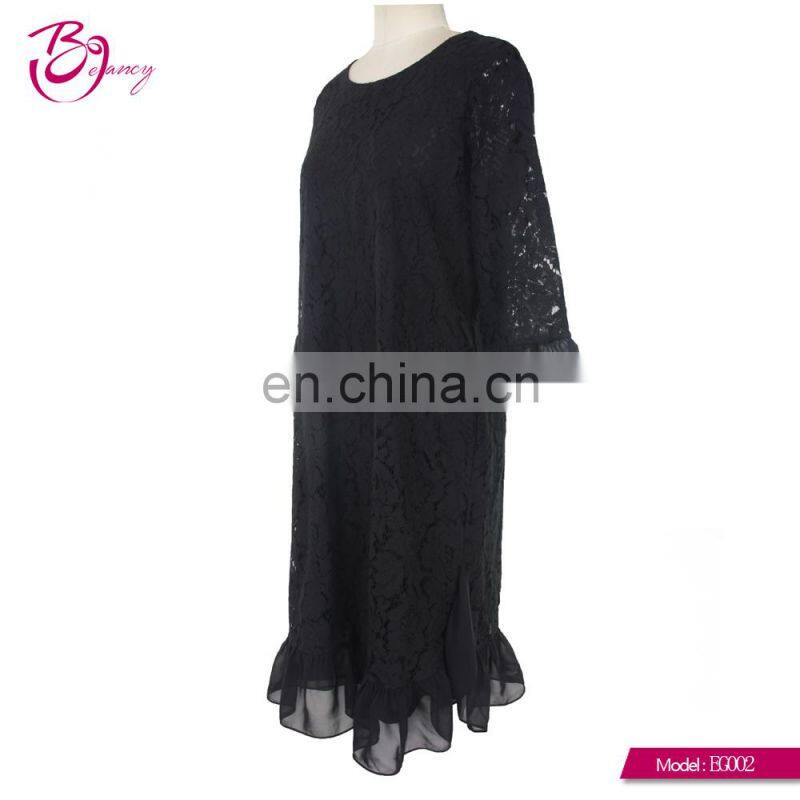 2017 Latest korea style black color elegant lace Three quarter sleeve party dress evening wear