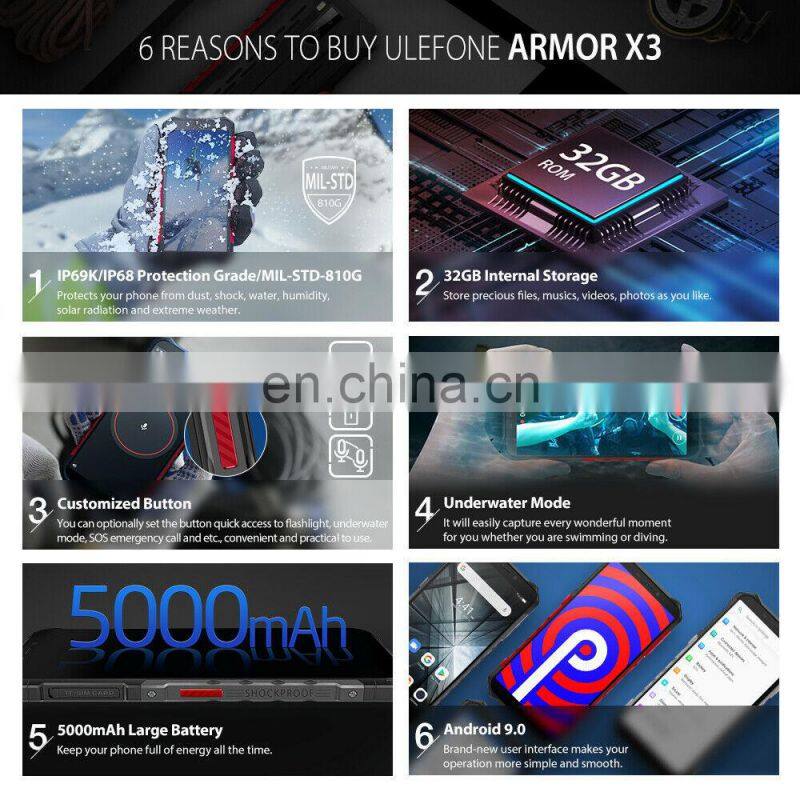 Same day shipping!! Ulefone Armor X3 5.5 inch Android 9.0 MTK6580 Quad Core 2GB+32GB 5000mah Waterproof 3G smartphone