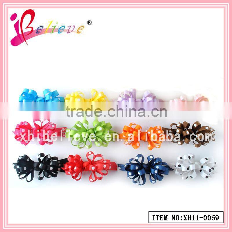 Promotion price good quality factory direct sale delicate dot grosgrain 4.0 inch frizzy ribbon bow hair barrette (XH11-0059)
