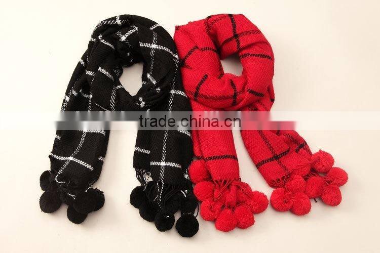 New Design Checked Plaid Acrylic Ball Fashion Ladies Winter Scarf