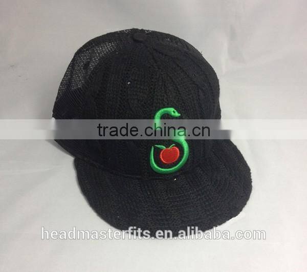 Custom embroidery black knitted crochet printed flat underbrim mesh trucker snapback cap