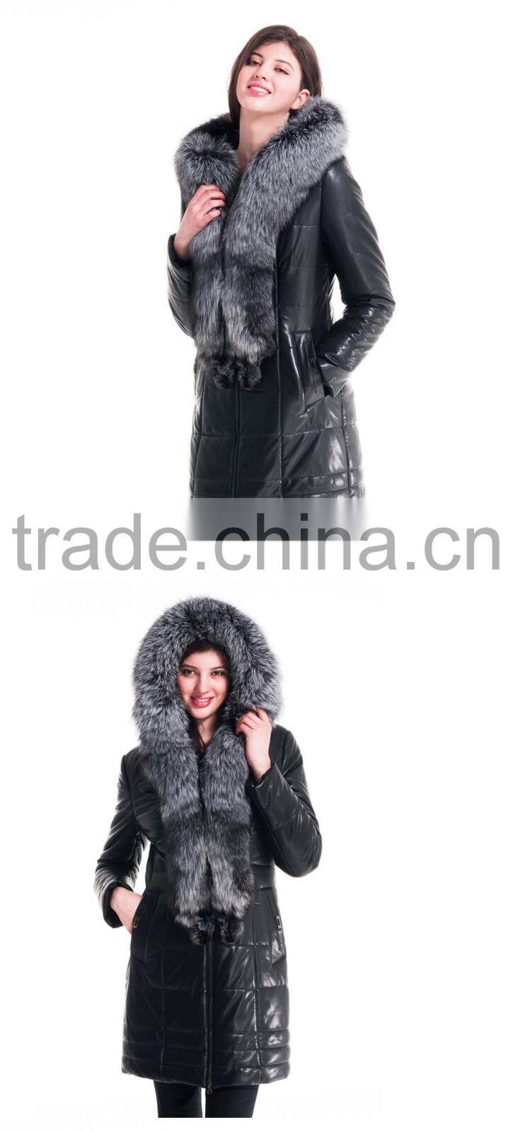 2015 Winter Medium Length Women Leather Jacket With Brown Fox Hat Overcoat