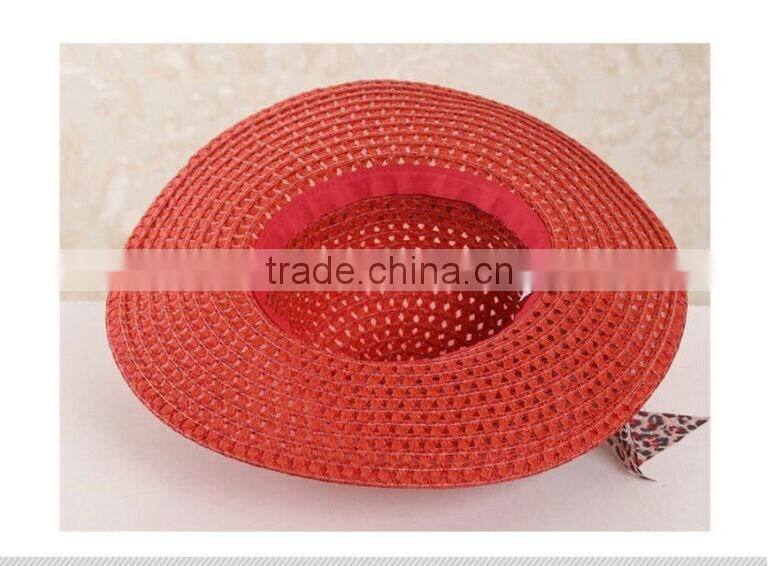 QXSH0055D Red strip straw beach hat for women Fedora