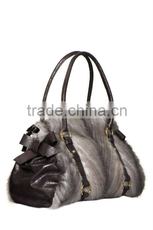BG13004 red knitted mink fur bag combined with genuine leather