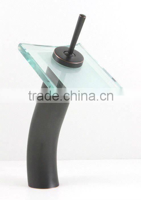 single handle glass waterfall vessel deck faucet in oil rubbed bronze