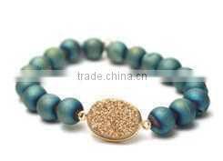2015 Fall Winter Metallic Gold Beaded Bracelet with Oval Druzy Stone