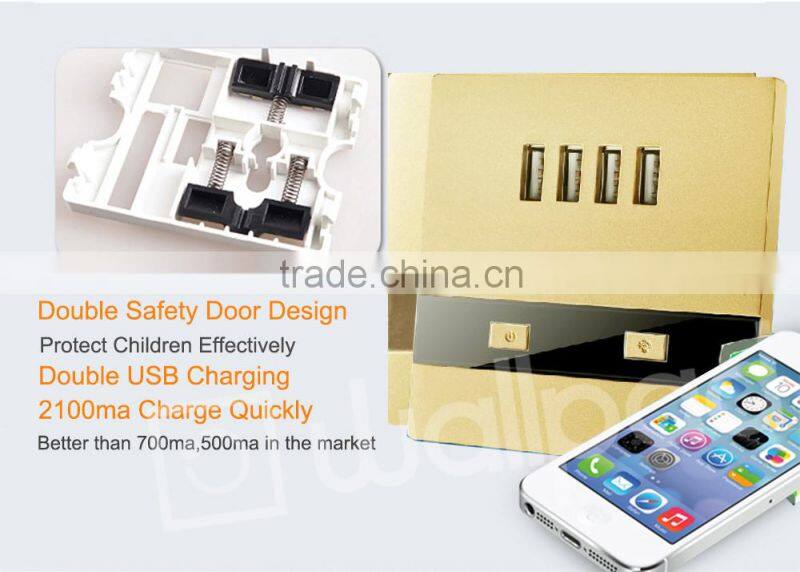 2015 New Products Wallpad Gold PC110~250V Electrical LED 4 Usb Charger Ports USB Power Wall Light Socket