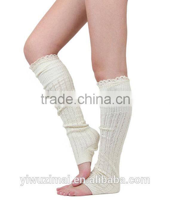 High quality cotton adult knitted knee high leg warmers ruffled lace winter women boot socks leg warmer 5 colors