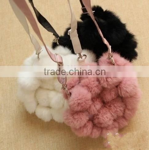 Lovely Design Unique Style Gather Rabbit Fur Pompoms Leather Chain Bags