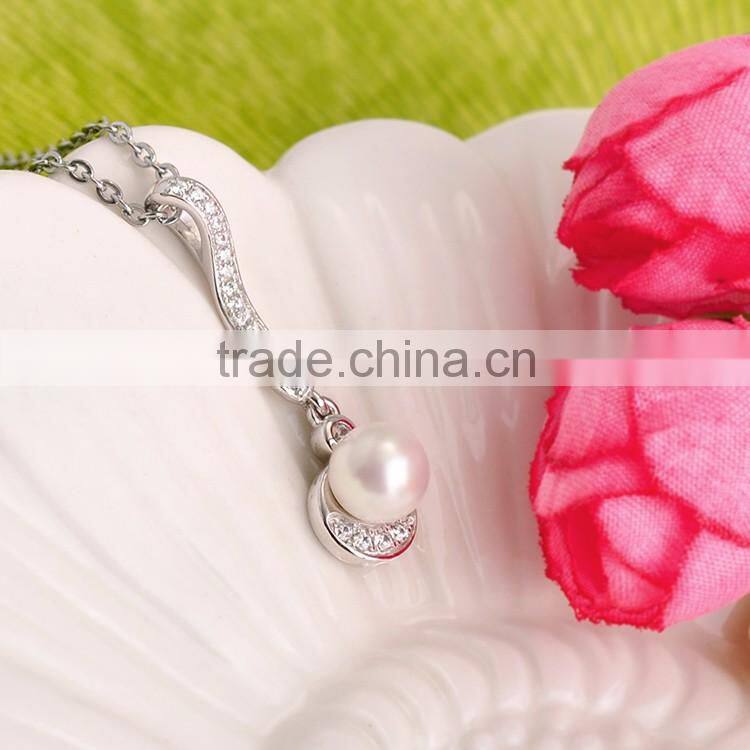 Simple Design 925 Silver Pearl Dangling Pendant Necklace for Party & Wedding