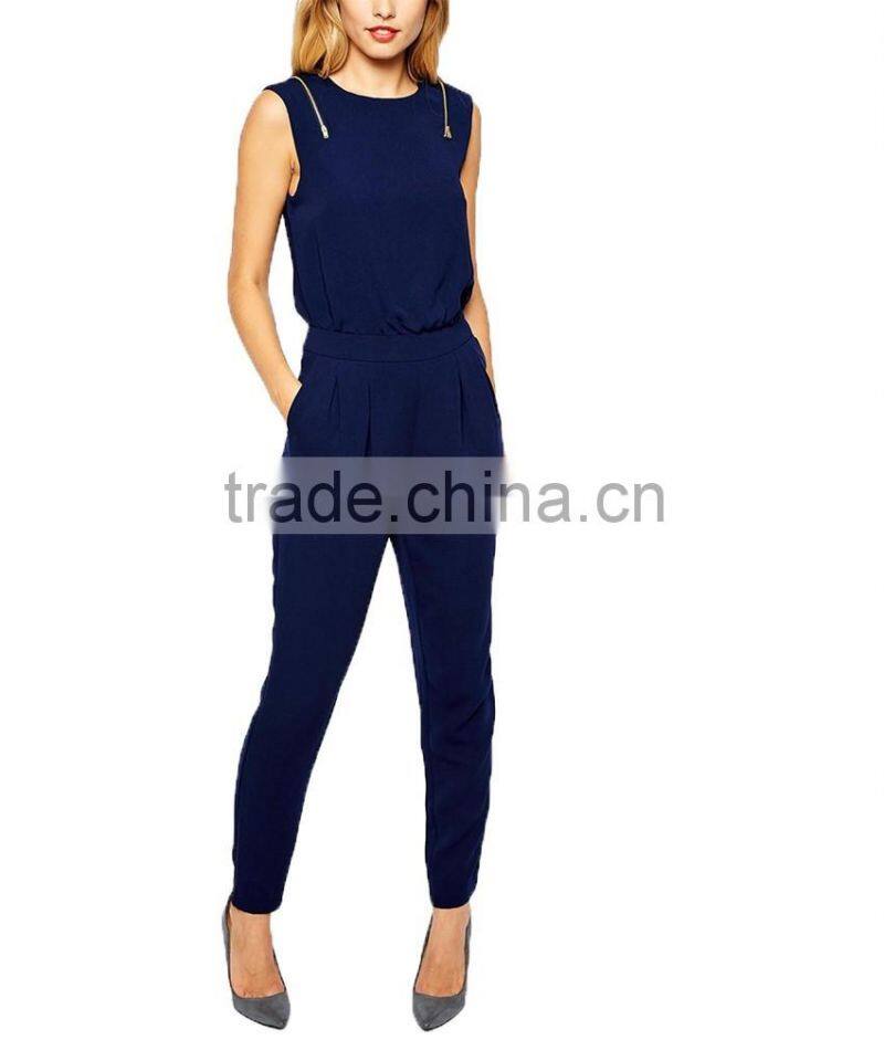 Sleeveless round neckline zipper on shoulder fashional women long jumpsuit