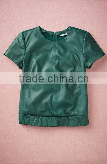 Green short sleeve Pu Leather tops new fashion girls tops 2016
