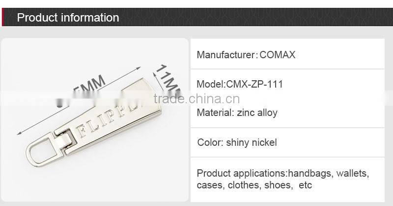 Fancy Custom Logo Curved Metal Zipper Ends Puller For bag Accessories