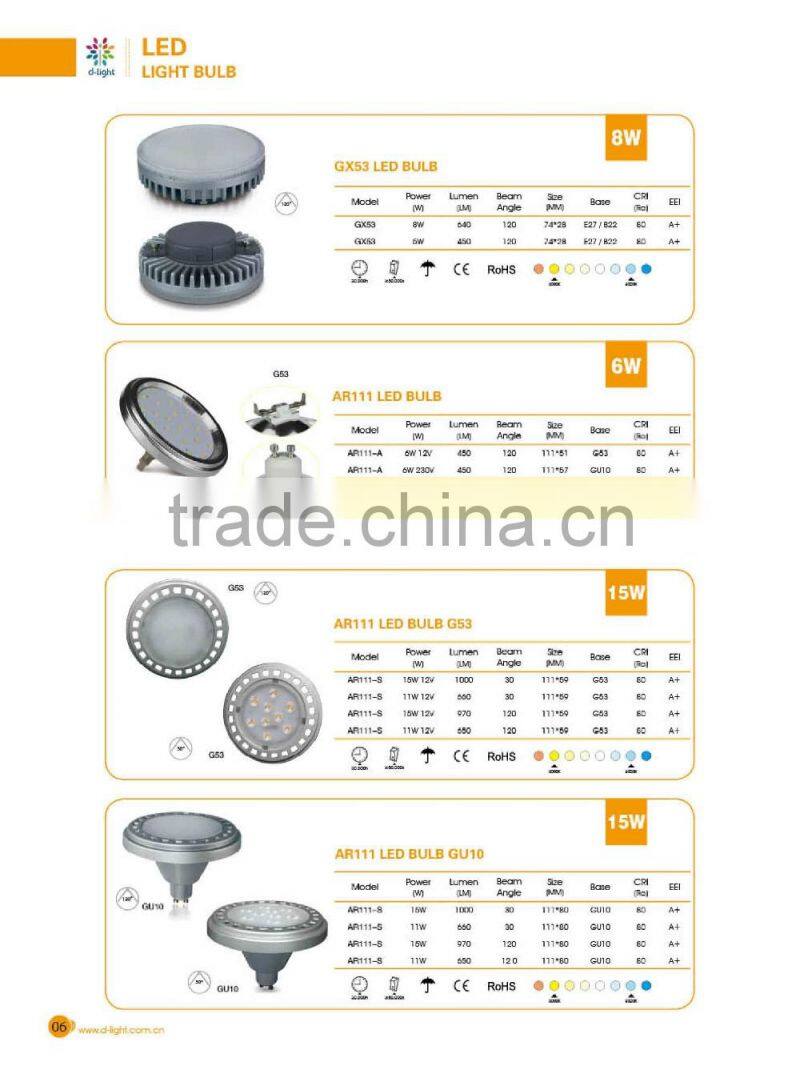AR111 6W 12V 450LM 120 degree g53 base led lights wholesale from China