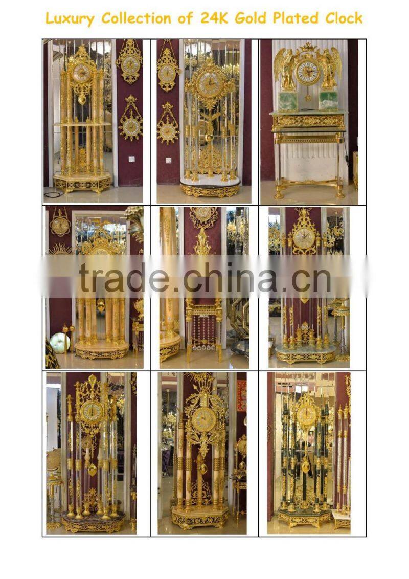 Royal Brass and Crystal Decorated Art Table Clock, Luxury Design 24K Gold Plated Table Clock, Empire Gold Gilt Table Clock