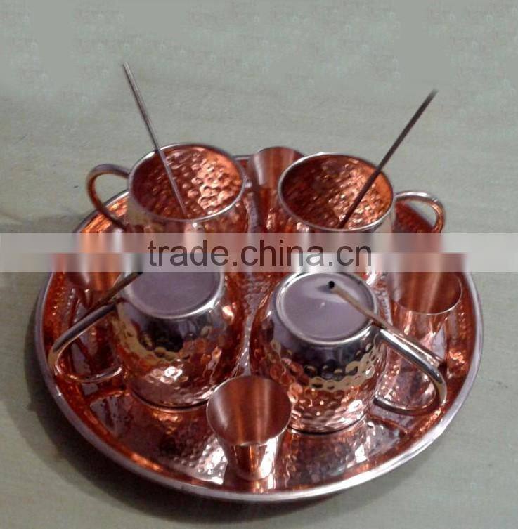 100% COPPERTISAN BARREL HAMMERED DRINKING MUG FOR MOSCOW MULE WITH COPPER PLATTER