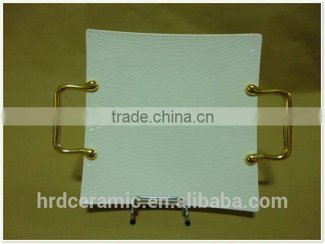 Factory supply stock cheap square white ceramic plate with Metal handle