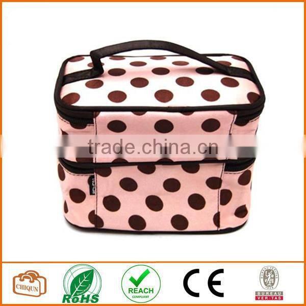 Double Layer Cosmetic Bag Pink with Coffee Dot Travel Toiletry Cosmetic Makeup Bag Organizer With Mirror