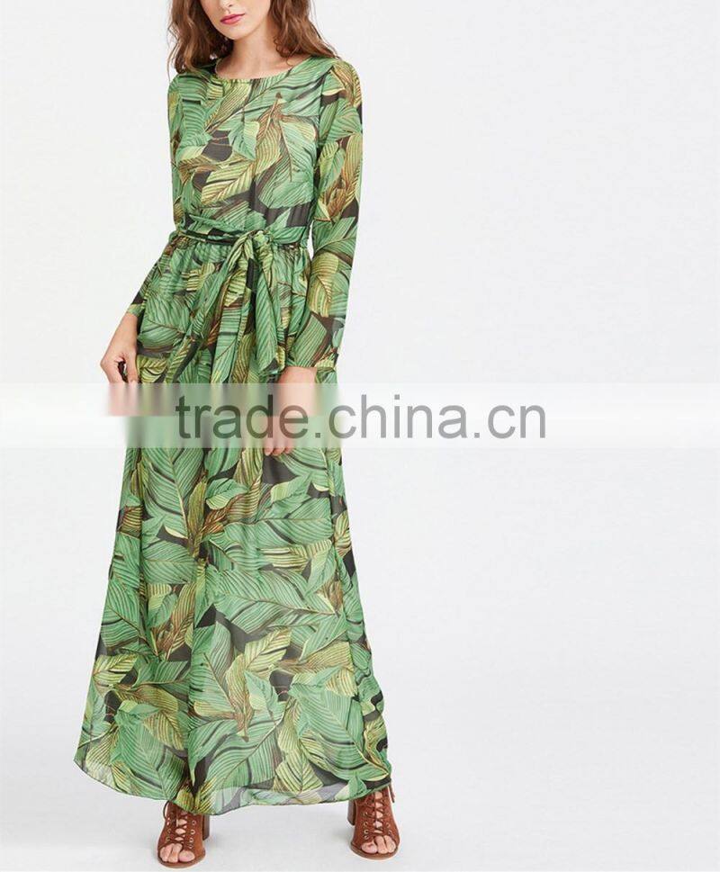clothing/women dresses/Palm Leaf Print Self Tie Maxi Chiffon Dress