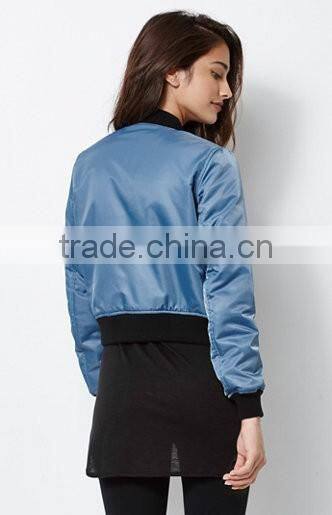 Fashion Women Long Sleeve Custom Dry Clean Solid Hue Bomber Jacket
