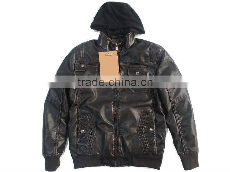 PQM-04 Garment wash PU jacket with hood for men