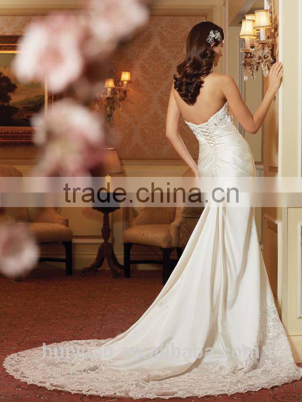 ivory satin lace beaded mermaid strapless puffy wedding dress