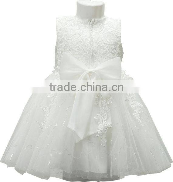 Modest Fashion Plain White Kids Fancy Girls With Bowknot Lace Dress