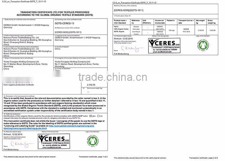 New Arrival Gots Certification 100% Organic Cotton Fabric French Terry 300gsm