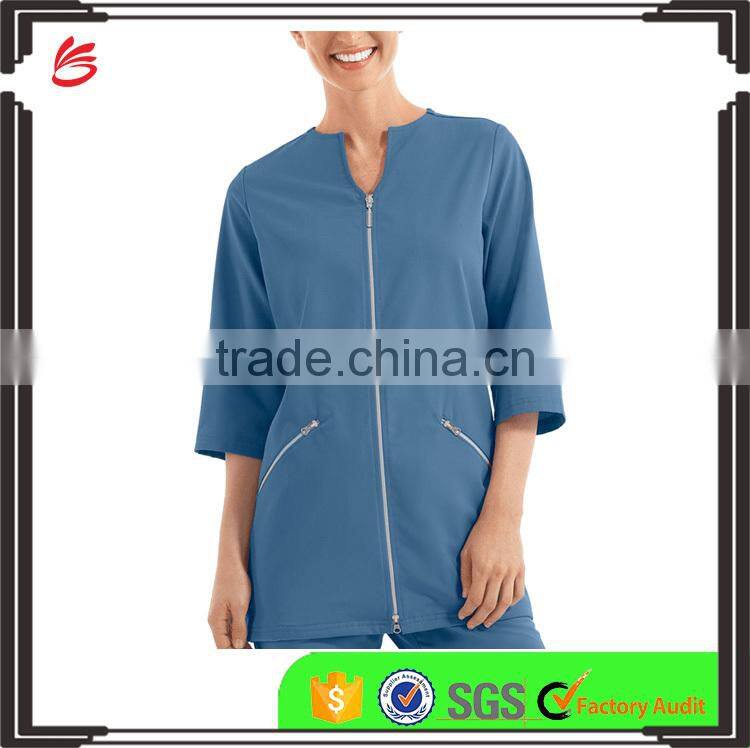 Solid Blue Color OEM Zipper Closure 3/4 Sleeve Women Spa Coat